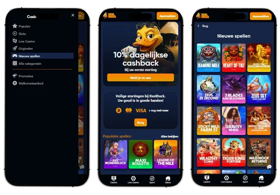 ReelDuck Casino op je telefoon: menu, cashback en nieuwe spellen