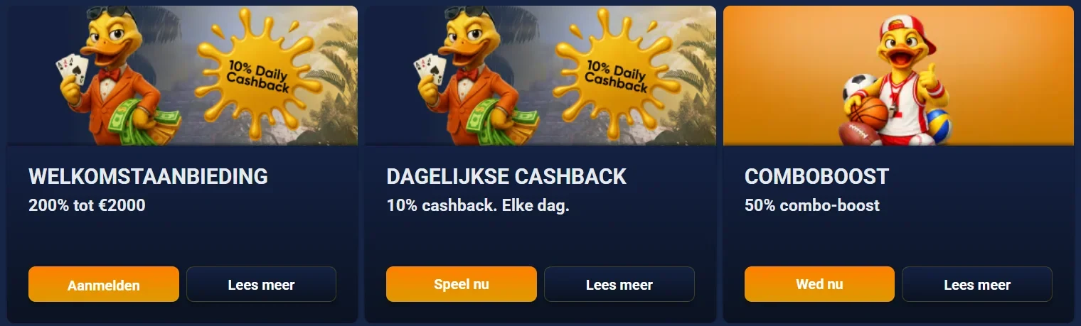 ReelDuck Casino: welkomstaanbieding 200 % en dagelijkse cashback van 10 %